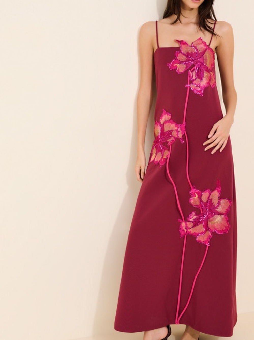 Drew Maxi Dress with Floral Beaded and Sequin Embroidered 3D Appliqué
